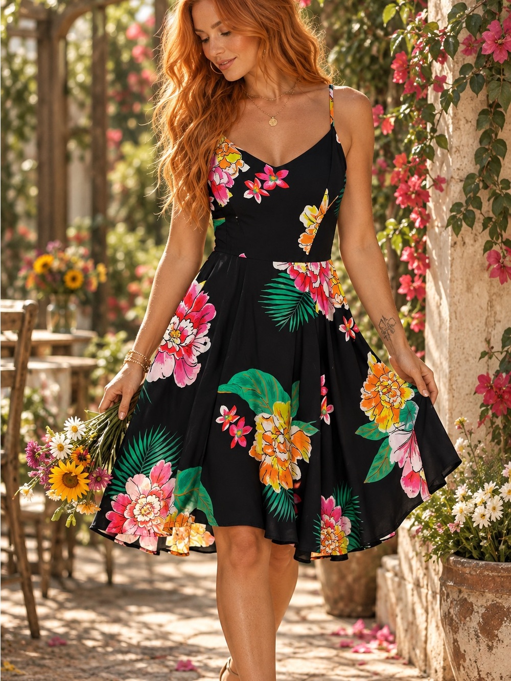 Old Navy Black Floral Spaghetti-Strap Fit-and-Flare Dress